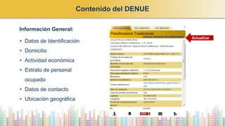 Información General:
• Datos de Identificación
• Domicilio
• Actividad económica
• Estrato de personal
ocupado
• Datos de contacto
• Ubicación geográfica
Contenido del DENUE
Actualizar
 