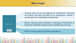 Acuerdo para el uso del Sistema de Clasificación Industrial
de América del Norte (SCIAN) en la recopilación, análisis y
presentación de estadísticas económicas.
Norma Técnica para incorporar y actualizar información al
Directorio Estadístico Nacional de Unidades Económicas.
NORMAS TÉCNICAS
Norma Técnica sobre domicilios geográficos.
Marco legal
 