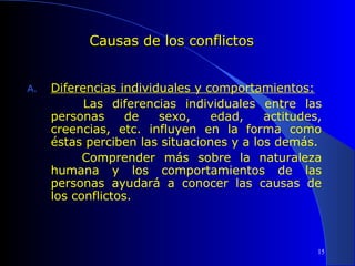 Causas de los conflictos
A.

Diferencias individuales y comportamientos:
Las diferencias individuales entre las
personas
de
sexo,
edad,
actitudes,
creencias, etc. influyen en la forma como
éstas perciben las situaciones y a los demás.
Comprender más sobre la naturaleza
humana y los comportamientos de las
personas ayudará a conocer las causas de
los conflictos.

15

 