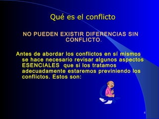 Qué es el conflicto
NO PUEDEN EXISTIR DIFERENCIAS SIN
CONFLICTO.

 
Antes de abordar los conflictos en sí mismos
se hace necesario revisar algunos aspectos
ESENCIALES que si los tratamos
adecuadamente estaremos previniendo los
conflictos. Estos son:
 
 

4

 