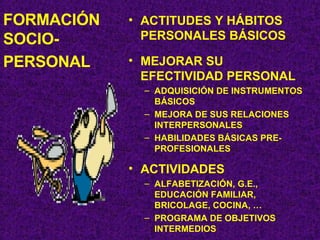 FORMACIÓN SOCIO-PERSONAL   ACTITUDES Y HÁBITOS PERSONALES BÁSICOS MEJORAR SU EFECTIVIDAD PERSONAL ADQUISICIÓN DE INSTRUMENTOS BÁSICOS MEJORA DE SUS RELACIONES INTERPERSONALES HABILIDADES BÁSICAS PRE-PROFESIONALES ACTIVIDADES ALFABETIZACIÓN, G.E., EDUCACIÓN FAMILIAR, BRICOLAGE, COCINA, … PROGRAMA DE OBJETIVOS INTERMEDIOS 