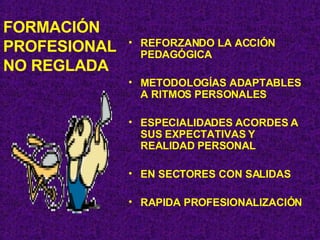 FORMACIÓN PROFESIONAL NO REGLADA REFORZANDO LA ACCIÓN PEDAGÓGICA METODOLOGÍAS ADAPTABLES A RITMOS PERSONALES ESPECIALIDADES ACORDES A SUS EXPECTATIVAS Y REALIDAD PERSONAL EN SECTORES CON SALIDAS RAPIDA PROFESIONALIZACIÓN 