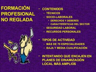 FORMACIÓN PROFESIONAL NO REGLADA CONTENIDOS TÉCNICOS SOCIO-LABORALES DERECHOS Y DEBERES CARACTERÍSTICAS DEL SECTOR SEGURIDAD LABORAL RECURSOS PERSONALES TIPOS DE ACTIVIDAD MÁS DE 70 ESPECIALIDADES BAJA Y MEDIA CUALIFICACIÓN INTENTANDO QUE ENCAJEN EN PLANES DE DINAMIZACIÓN LOCAL MÁS AMPLIOS 