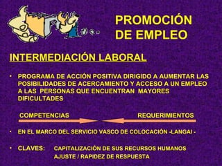 PROMOCIÓN DE EMPLEO INTERMEDIACIÓN LABORAL PROGRAMA DE ACCIÓN POSITIVA DIRIGIDO A AUMENTAR LAS POSIBILIDADES DE ACERCAMIENTO Y ACCESO A UN EMPLEO A LAS  PERSONAS QUE ENCUENTRAN  MAYORES DIFICULTADES   COMPETENCIAS   REQUERIMIENTOS EN EL MARCO DEL SERVICIO VASCO DE COLOCACIÓN -LANGAI - CLAVES: CAPITALIZACIÓN DE SUS RECURSOS HUMANOS AJUSTE / RAPIDEZ DE RESPUESTA 