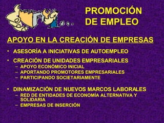 PROMOCIÓN DE EMPLEO APOYO EN LA CREACIÓN DE EMPRESAS ASESORÍA A INICIATIVAS DE AUTOEMPLEO CREACIÓN DE UNIDADES EMPRESARIALES APOYO ECONÓMICO INICIAL APORTANDO PROMOTORES EMPRESARIALES PARTICIPANDO SOCIETARIAMENTE DINAMIZACIÓN DE NUEVOS MARCOS LABORALES RED DE ENTIDADES DE ECONOMÍA ALTERNATIVA Y SOLIDARIA EMPRESAS DE INSERCIÓN 