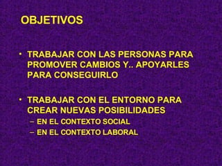 OBJETIVOS TRABAJAR CON LAS PERSONAS PARA PROMOVER CAMBIOS Y.. APOYARLES  PARA CONSEGUIRLO TRABAJAR CON EL ENTORNO PARA CREAR NUEVAS POSIBILIDADES EN EL CONTEXTO SOCIAL EN EL CONTEXTO LABORAL 