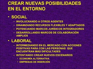 CREAR NUEVAS POSIBILIDADES EN EL ENTORNO SOCIAL INVOLUCRANDO A OTROS AGENTES DINAMIZANDO RECURSOS FLEXIBLES Y ADAPTADOS POTENCIANDO MARCOS JURÍDICOS INTEGRADORES DESARROLLANDO MARCOS DE COLABORACIÓN AMPLIOS LABORAL INTERMEDIANDO EN EL MERCADO CON ACCIONES POSITIVAS PARA CON LAS PERSONAS  QUE ENCUENTRAN MÁS DIFICULTADES INTENTANDO CREAR NUEVOS ESCENARIOS ECONOMÍA ALTERNATIVA EMPRESAS DE INSERCIÓN 