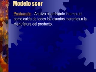 Modelo scor
Producción - Analiza el ambiente interno así
como cuida de todos los asuntos inerentes a la
manufatura del producto.
 