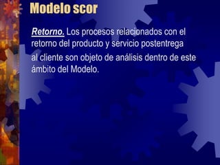Modelo scor
Retorno. Los procesos relacionados con el
retorno del producto y servicio postentrega
al cliente son objeto de análisis dentro de este
ámbito del Modelo.
 