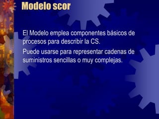 Modelo scor

El Modelo emplea componentes básicos de
procesos para describir la CS.
Puede usarse para representar cadenas de
suministros sencillas o muy complejas.
 