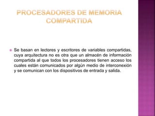  Se basan en lectores y escritores de variables compartidas,
cuya arquitectura no es otra que un almacén de información
compartida al que todos los procesadores tienen acceso los
cuales están comunicados por algún medio de interconexión
y se comunican con los dispositivos de entrada y salida.
 