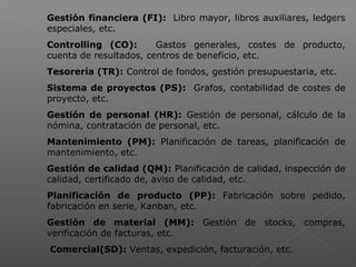  
Gestión financiera (FI): Libro mayor, libros auxiliares, ledgers
especiales, etc.
Controlling (CO): Gastos generales, costes de producto,
cuenta de resultados, centros de beneficio, etc.
Tesorería (TR): Control de fondos, gestión presupuestaria, etc.
Sistema de proyectos (PS): Grafos, contabilidad de costes de
proyecto, etc.
Gestión de personal (HR): Gestión de personal, cálculo de la
nómina, contratación de personal, etc.
Mantenimiento (PM): Planificación de tareas, planificación de
mantenimiento, etc.
Gestión de calidad (QM): Planificación de calidad, inspección de
calidad, certificado de, aviso de calidad, etc.
Planificación de producto (PP): Fabricación sobre pedido,
fabricación en serie, Kanban, etc.
Gestión de material (MM): Gestión de stocks, compras,
verificación de facturas, etc.
Comercial(SD): Ventas, expedición, facturación, etc.
 