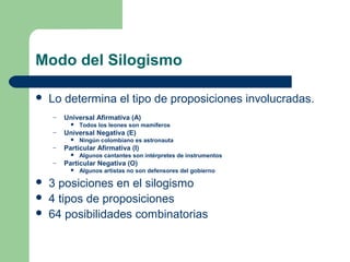Modo del Silogismo
 Lo determina el tipo de proposiciones involucradas.
– Universal Afirmativa (A)
 Todos los leones son mamíferos
– Universal Negativa (E)
 Ningún colombiano es astronauta
– Particular Afirmativa (I)
 Algunos cantantes son intérpretes de instrumentos
– Particular Negativa (O)
 Algunos artistas no son defensores del gobierno
 3 posiciones en el silogismo
 4 tipos de proposiciones
 64 posibilidades combinatorias
 