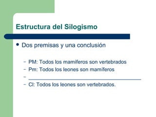 Estructura del Silogismo
 Dos premisas y una conclusión
– PM: Todos los mamíferos son vertebrados
– Pm: Todos los leones son mamíferos
– _______________________________________
– Cl: Todos los leones son vertebrados.
 