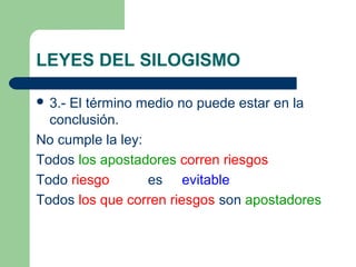 LEYES DEL SILOGISMO
 3.- El término medio no puede estar en la
conclusión.
No cumple la ley:
Todos los apostadores corren riesgos
Todo riesgo es evitable
Todos los que corren riesgos son apostadores
 