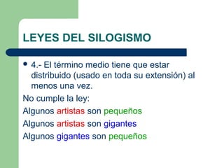 LEYES DEL SILOGISMO
 4.- El término medio tiene que estar
distribuido (usado en toda su extensión) al
menos una vez.
No cumple la ley:
Algunos artistas son pequeños
Algunos artistas son gigantes
Algunos gigantes son pequeños
 