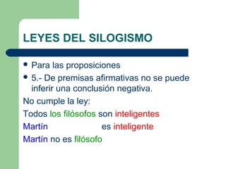 LEYES DEL SILOGISMO
 Para las proposiciones
 5.- De premisas afirmativas no se puede
inferir una conclusión negativa.
No cumple la ley:
Todos los filósofos son inteligentes
Martín es inteligente
Martín no es filósofo
 