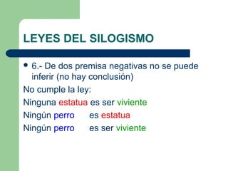 LEYES DEL SILOGISMO
 6.- De dos premisa negativas no se puede
inferir (no hay conclusión)
No cumple la ley:
Ninguna estatua es ser viviente
Ningún perro es estatua
Ningún perro es ser viviente
 