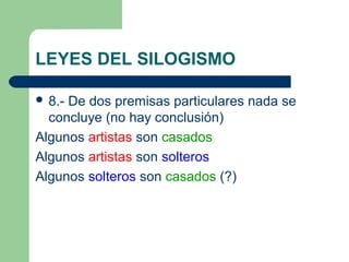 LEYES DEL SILOGISMO
 8.- De dos premisas particulares nada se
concluye (no hay conclusión)
Algunos artistas son casados
Algunos artistas son solteros
Algunos solteros son casados (?)
 