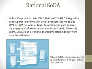 Rational SoDA
• La función principal de la IBM ® Rational ® SoDA ® integración
es recuperar la información de los productos de modelado
UML de IBM Rational y utilizar la información para generar
documentos e informes personalizados utilizando Microsoft
Word. SoDA es un acrónimo de Documentación de software
de automatización.

Rational SoDA generates documents
by extracting data from your project
tool databases.

 