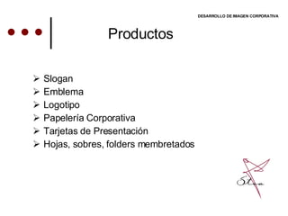 DESARROLLO DE IMAGEN CORPORATIVA Slogan Emblema Logotipo Papelería Corporativa Tarjetas de Presentación Hojas, sobres, folders membretados Productos 