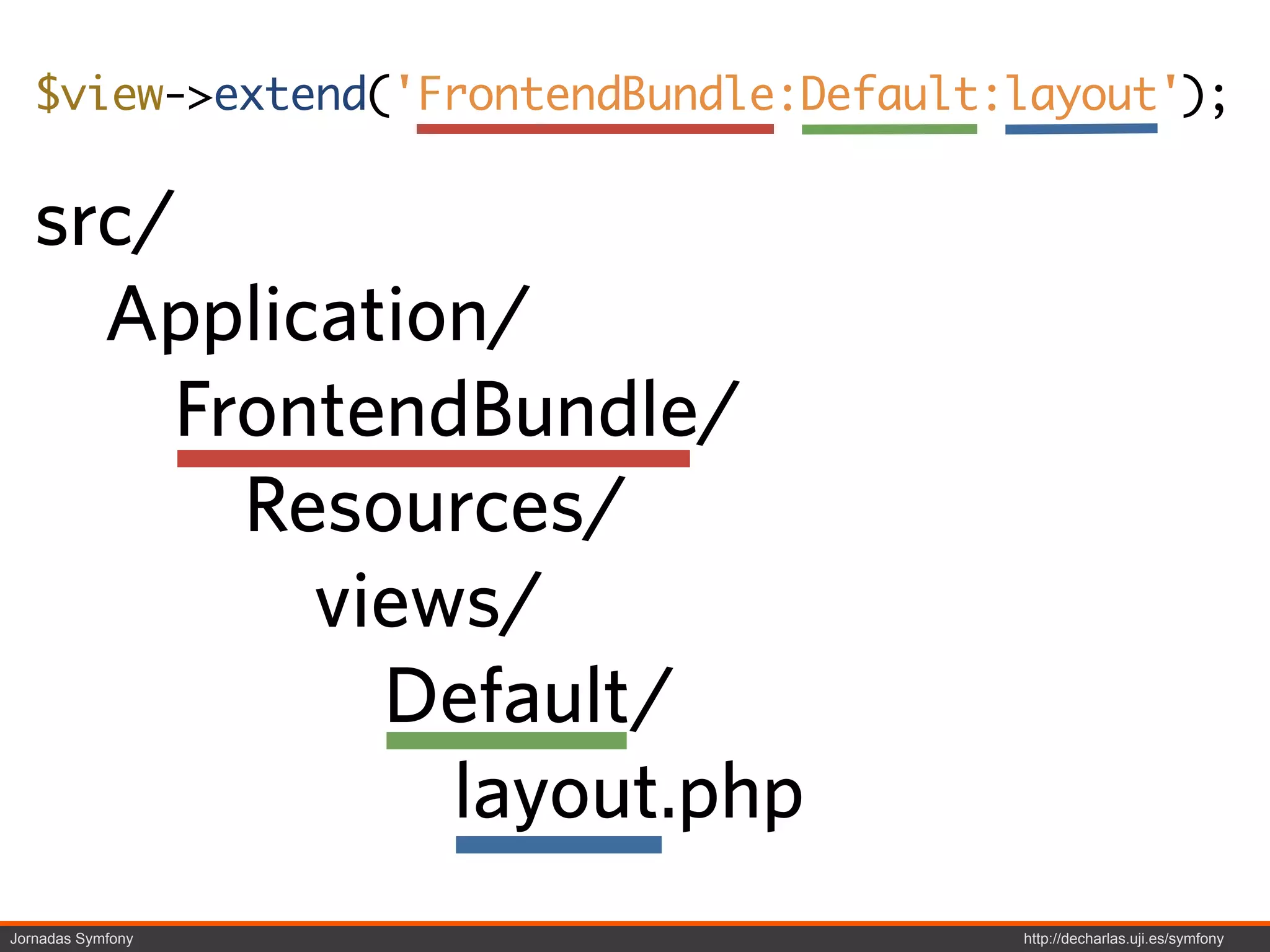 $view->extend('FrontendBundle:Default:layout');


   src/
     Application/
       FrontendBundle/
         Resources/
           views/
             Default/
               layout.php
Jornadas Symfony                         http://decharlas.uji.es/symfony
 