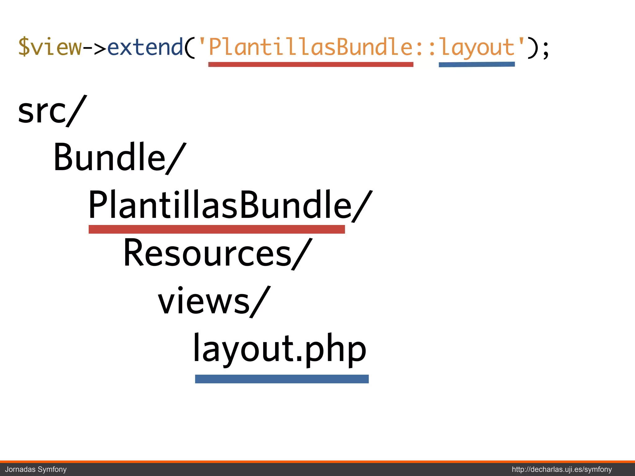 $view->extend('PlantillasBundle::layout');


   src/
     Bundle/
       PlantillasBundle/
         Resources/
           views/
              layout.php

Jornadas Symfony                         http://decharlas.uji.es/symfony
 
