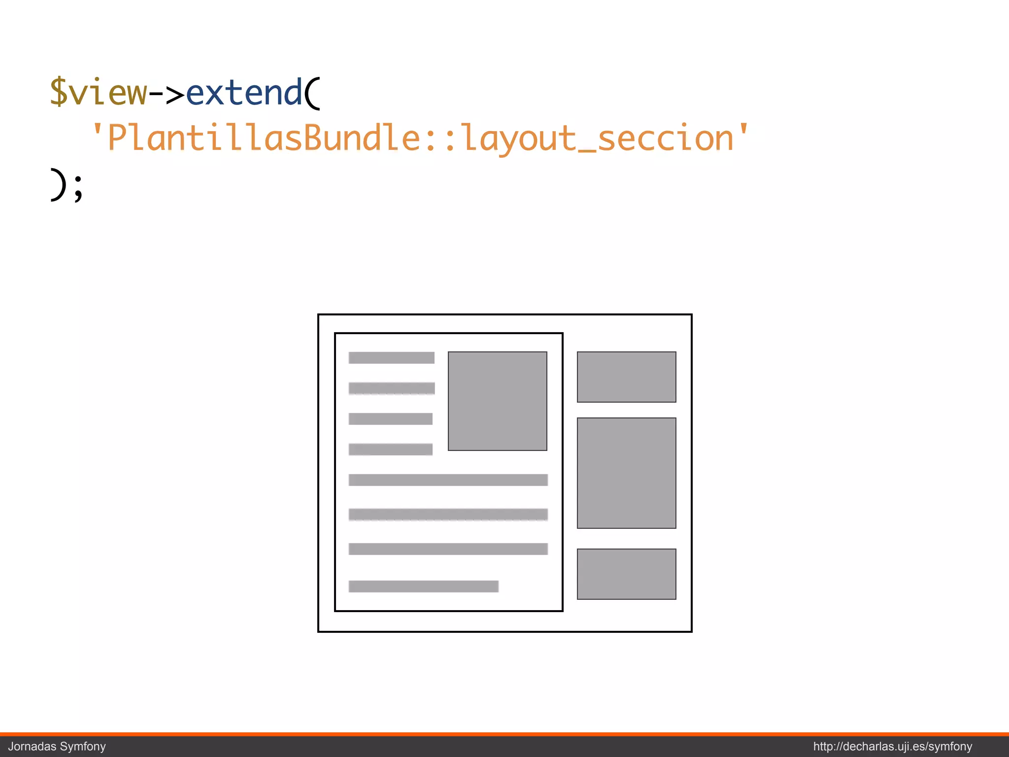 $view->extend(
        'PlantillasBundle::layout_seccion'
      );




Jornadas Symfony                             http://decharlas.uji.es/symfony
 