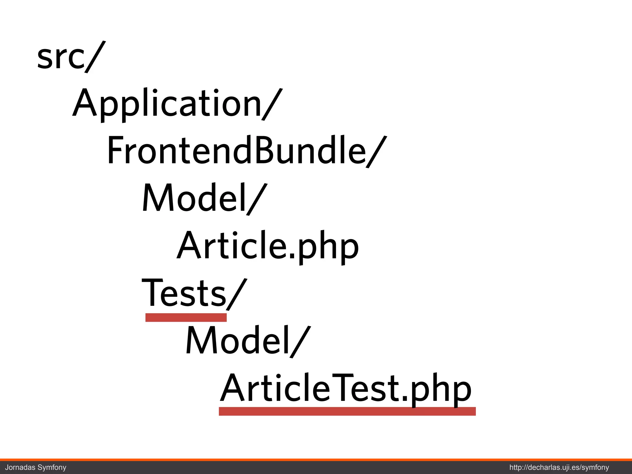 src/
          Application/
            FrontendBundle/
              Model/
                Article.php
              Tests/
                Model/
                   ArticleTest.php
Jornadas Symfony                     http://decharlas.uji.es/symfony
 