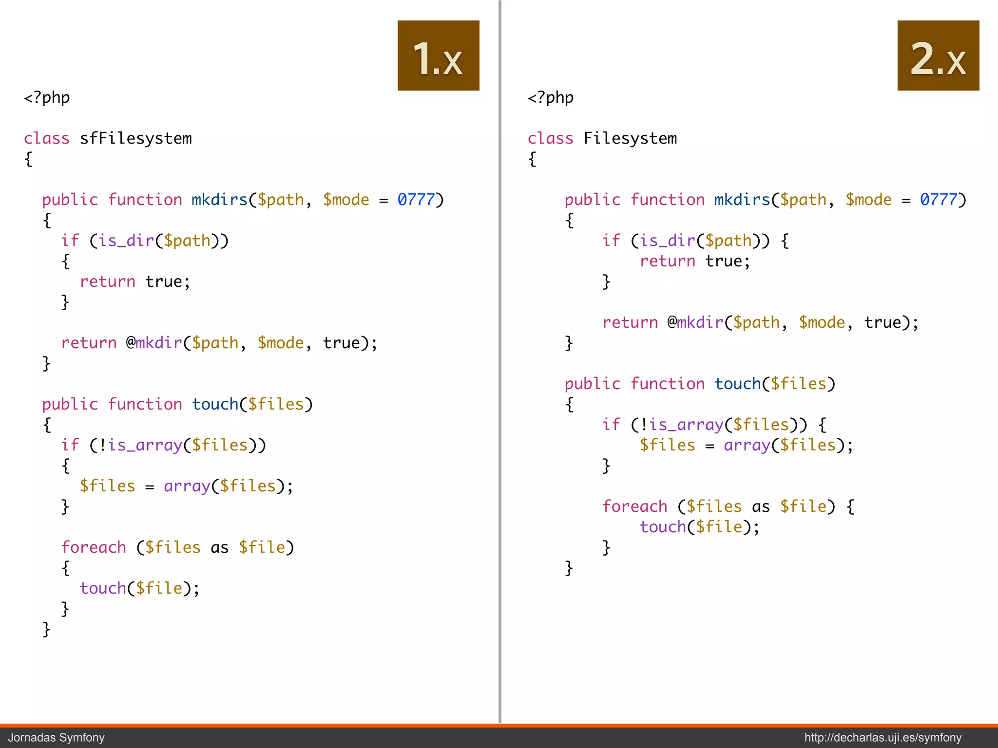 1.x                                                    2.x
  <?php                                             <?php

  class sfFilesystem                                class Filesystem
  {                                                 {

     public function mkdirs($path, $mode = 0777)       public function mkdirs($path, $mode = 0777)
     {                                                 {
       if (is_dir($path))                                  if (is_dir($path)) {
       {                                                       return true;
         return true;                                      }
       }
                                                            return @mkdir($path, $mode, true);
         return @mkdir($path, $mode, true);            }
     }
                                                       public function touch($files)
     public function touch($files)                     {
     {                                                     if (!is_array($files)) {
       if (!is_array($files))                                  $files = array($files);
       {                                                   }
         $files = array($files);
       }                                                    foreach ($files as $file) {
                                                                touch($file);
         foreach ($files as $file)                          }
         {                                             }
           touch($file);
         }
     }




Jornadas Symfony                                                                 http://decharlas.uji.es/symfony
 
