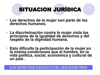 SITUACION JURÍDICA Los derechos de la mujer son parte de los derechos humanos. La discriminación contra la mujer viola los principios de la igualdad de derechos y del respeto de la dignidad humana. Esto dificulta la participación de la mujer en la misma condiciones que el hombre, en la vida política, social, económica y cultural de un país . LOS DERECHOS EXISTEN PARA SER EJERCIDOS 