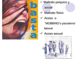 Maltrato psíquico y social Maltrato físico Acoso  o “ MOBBING”o psicoterror  laboral Acoso sexual 