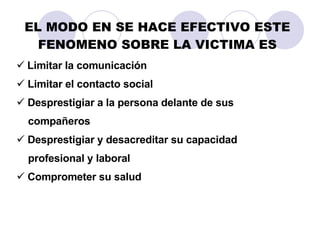 EL MODO EN SE HACE EFECTIVO ESTE FENOMENO SOBRE LA VICTIMA ES Limitar la comunicación Limitar el contacto social Desprestigiar a la persona delante de sus compañeros Desprestigiar y desacreditar su capacidad  profesional y laboral Comprometer su salud 