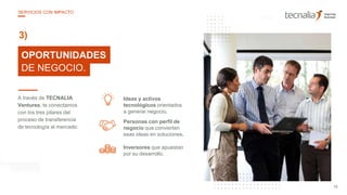 25
10OPORTUNIDADES
DE NEGOCIO.
3)
A través de TECNALIA
Ventures, te conectamos
con los tres pilares del
proceso de transferencia
de tecnología al mercado:
Personas con perfil de
negocio que convierten
esas ideas en soluciones.
Inversores que apuestan
por su desarrollo.
Ideas y activos
tecnológicos orientados
a generar negocio.
15
SERVICIOS CON IMPACTO
 
