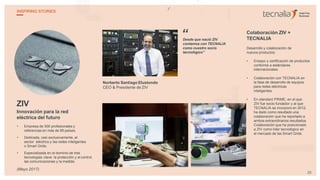 ZIV
Innovación para la red
eléctrica del futuro
• Empresa de 500 profesionales y
referencias en más de 85 países.
• Dedicada, casi exclusivamente, al
sector eléctrico y las redes inteligentes
o Smart Grids.
• Especializada en el dominio de tres
tecnologías clave: la protección y el control,
las comunicaciones y la medida.
Norberto Santiago Elustondo
CEO & Presidente de ZIV
Desde que nació ZIV
contamos con TECNALIA
como nuestro socio
tecnológico”
Colaboración ZIV +
TECNALIA
Desarrollo y colaboración de
nuevos productos:
• Ensayo y certificación de productos
conforme a estándares
internacionales.
• Colaboración con TECNALIA en
la fase de desarrollo de equipos
para redes eléctricas
inteligentes.
• En standard PRIME, en el que
ZIV fue socio fundador y al que
TECNALIA se incorporó en 2012,
ha dado como resultado una
colaboración que ha reportado a
ambos extraordinarios resultados.
Colaboración que ha posicionado
a ZIV como líder tecnológico en
el mercado de las Smart Grids.
“
25
INSPIRING STORIES
(Mayo 2017)
 