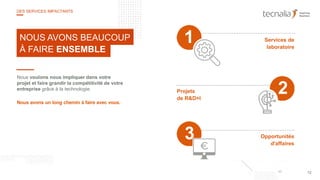 Nous voulons nous impliquer dans votre
projet et faire grandir la compétitivité de votre
entreprise grâce à la technologie.
Nous avons un long chemin à faire avec vous.
NOUS AVONS BEAUCOUP
À FAIRE ENSEMBLE
Services de
laboratoire
1
Projets
de R&D+I
Opportunités
d'affaires
12
DES SERVICES IMPACTANTS
3
2
 