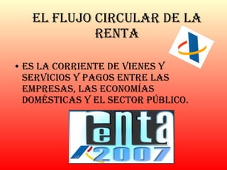 El Flujo Circular de la Renta Es la corriente de vienes y servicios y pagos entre las empresas, las economías domésticas y el sector público. 
