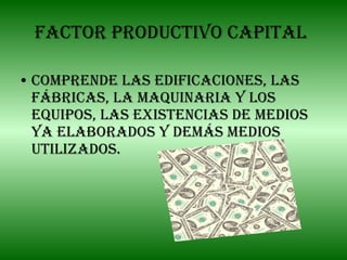 Factor Productivo Capital Comprende las edificaciones, las fábricas, la maquinaria y los equipos, las existencias de medios ya elaborados y demás medios utilizados. 