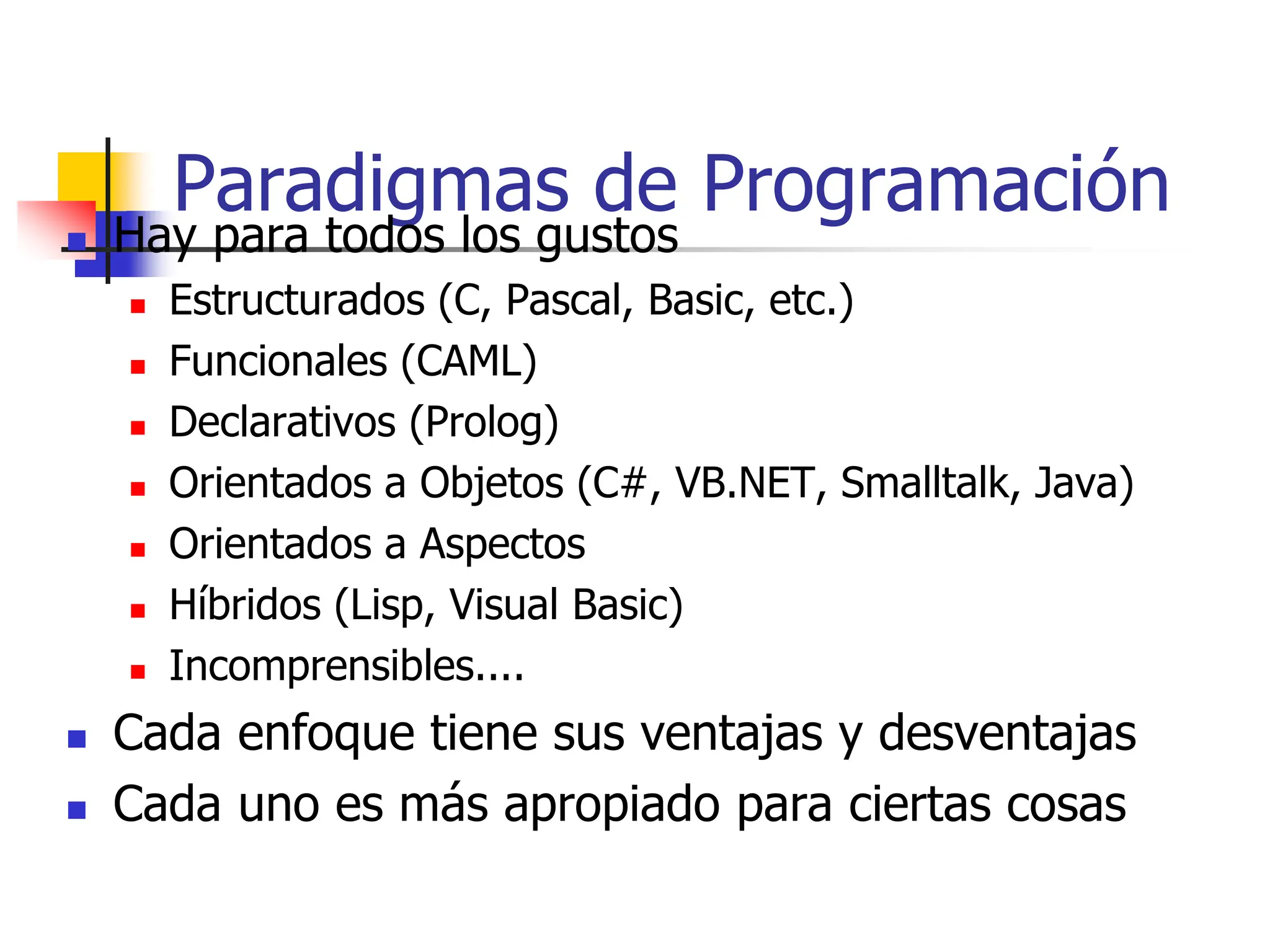 Paradigmas de Programación
 Hay para todos los gustos
 Estructurados (C, Pascal, Basic, etc.)
 Funcionales (CAML)
 Declarativos (Prolog)
 Orientados a Objetos (C#, VB.NET, Smalltalk, Java)
 Orientados a Aspectos
 Híbridos (Lisp, Visual Basic)
 Incomprensibles....
 Cada enfoque tiene sus ventajas y desventajas
 Cada uno es más apropiado para ciertas cosas
 