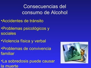 Consecuencias del consumo de Alcohol Accidentes de tránsito Problemas psicológicos y sociales Violencia física y verbal Problemas de convivencia familiar La sobredosis puede causar la muerte 