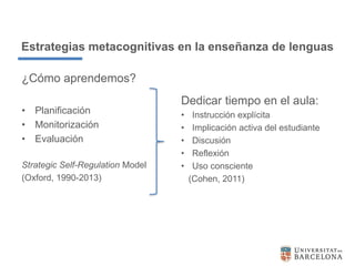 Estrategias metacognitivas en la enseñanza de lenguas
¿Cómo aprendemos?
• Planificación
• Monitorización
• Evaluación
Stra...