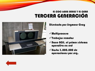EL CDC 6000 SERIES Y EL CERN
TERCERA GENERACIÓN
Diseñada por Seymour Cray
✓Multiproceso
✓Trabajos remotos
✓Nace NOS, el primer sistema
operativo en red
✓Hasta 3,000,000 de
operaciones por seg.
 