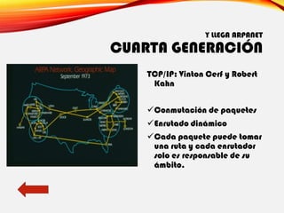 Y LLEGA ARPANET
CUARTA GENERACIÓN
TCP/IP: Vinton Cerf y Robert
Kahn
✓Conmutación de paquetes
✓Enrutado dinámico
✓Cada paquete puede tomar
una ruta y cada enrutador
solo es responsable de su
ámbito.
 