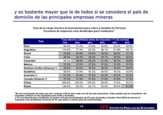 y es bastante mayor que la de todos si se considera el país de
domicilio de las principales empresas mineras

                 Tasa de la carga efectiva al inversionista para cobre y metales no ferrosos
                          Escenario de impuesto a los dividendos para residentes*


                                            Tasa efectiva (Utilidad antes de impuesto = % de ventas)
                      País
                                             10%       20%         30%        40%      50%       60%
        Perú                                  64.5%     51.4%       47.0%      44.8%    43.5%     42.6%
        Argentina                           119.5%      77.3%       63.2%      56.1%    51.9%     49.1%
        Brasil                                53.8%     43.9%       40.6%      39.0%    38.0%     37.3%
        Chile                                 38.3%     38.3%       38.3%      38.7%    39.5%     40.6%
        Colombia                              66.5%     49.8%       44.2%      41.4%    39.7%     38.6%
        México                                37.0%     37.0%       37.0%      37.0%    37.0%     37.0%
        Estados Unidos (Arizona) 1/           39.5%     39.5%       39.5%      39.5%    39.5%     39.5%
        Sudáfrica                             80.6%     57.9%       50.3%      46.5%    44.3%     42.8%
        Australia 1/                          51.0%     40.5%       37.0%      35.3%    34.2%     33.5%
        Canada (Ontario) 1/                   37.9%     37.9%       37.9%      37.9%    37.9%     37.9%
        China                               265.0%     145.0%     105.0%       85.0%    73.0%     65.0%
        Rusia                               148.0%      84.0%       62.7%      52.0%    45.6%     41.3%

*Se han sombreado las tasas que son menores al Perú para cada uno de los seis escenarios. Cabe resaltar que se consideran los
recientes cambios en los impuestos para Chile y Australia.
1/ En el escenario para residentes se asume una tasa de dividendos de 0% para Australia y Canadá. Para EEUU se asume el
impuesto a los dividendos mínimos de 0% que aplica a ciertos tipos de inversionistas.


                                                             19
                                                                                IPE INSTITUTO PERUANO DE ECONOMÍÍA
                                                                                                          CONOM
                                                                                                          CONOMÍA
 