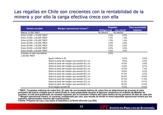 Las regalías en Chile son crecientes con la rentabilidad de la
minera y por ello la carga efectiva crece con ella

                                                                                          Regalías                   Tasa acumulada
         Ventas anuales                    Margen operacional minero**
                                                                                  Antigua Ley Ley actual                 máxima
   Menos 12.000 TMCF                                                             No afectos          No afectos
   Entre 12.000 y 15.000 TMCF                                                                 0.5%            0.5%
   Entre 15.000 y 20.000 TMCF                                                                 1.0%            1.0%
   Entre 20.000 y 25.000 TMCF                                                                 1.5%            1.5%
   Entre 25.000 y 30.000 TMCF                                                                 2.0%            2.0%
   Entre 30.000 y 35.000 TMCF                                                                 2.5%            2.5%
   Entre 35.000 y 40.000 TMCF                                                                 3.0%            3.0%
   Entre 40.000 y 50.000 TMCF                                                                 4.5%            4.5%
   Excedan al valor equivalente                                                               5.0%
   a 50.000 TMCF
                                  Igual o inferior a 35                                                      5.0%               5.0%
                                  Sobre la parte del margen que exceda 35 y no                               8.0%               5.4%
                                  Sobre la parte del margen que exceda 40 y no                              10.5%               5.9%
                                  Sobre la parte del margen que exceda 45 y no                              13.0%               6.7%
                                  Sobre la parte del margen que exceda 50 y no                              15.5%               7.5%
                                  Sobre la parte del margen que exceda 55 y no                              18.0%               8.3%
                                  Sobre la parte del margen que exceda 60 y no                              21.0%               9.3%
                                  Sobre la parte del margen que exceda 65 y no                              24.0%              10.4%
                                  Sobre la parte del margen que exceda 70 y no                              27.5%              11.5%
                                  Sobre la parte del margen que exceda 75 y no                              31.0%              12.7%
                                  Sobre la parte del margen que exceda 80 y no                              34.5%              14.0%
                                  Si el margen excede 85                                                    14.0%              14.0%
 * TMCF: Toneladas métricas de cobre fino. El valor de una tonelada métrica de cobre fino se determinará de acuerdo al valor
 promedio del precio contado que el cobre Grado A, haya presentado durante el ejercicio respectivo en la Bolsa de Metales de
 Londres, el cual será publicado, en moneda nacional, por la Comisión Chilena del Cobre dentro de los primeros 30 días de cada año
 ** Margen operacional minero, el cociente, multiplicado por cien, que resulte de dividir la renta imponible operacional minera por los
 ingresos operacionales mineros del contribuyente.
 Fuente: Proyecto de Ley y Ley sobre el Impuesto a la Renta (Decreto Ley 824).

                                                                   22
                                                                                  IPE INSTITUTO PERUANO DE ECONOMÍÍA
                                                                                                            CONOM
                                                                                                            CONOMÍA
 