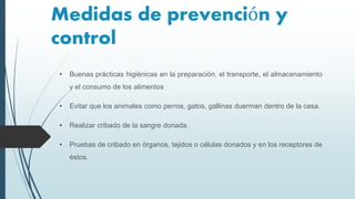 Medidas de prevención y
control
• Buenas prácticas higiénicas en la preparación, el transporte, el almacenamiento
y el consumo de los alimentos
• Evitar que los animales como perros, gatos, gallinas duerman dentro de la casa.
• Realizar cribado de la sangre donada.
• Pruebas de cribado en órganos, tejidos o células donados y en los receptores de
éstos.
 