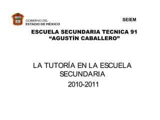 SEIEM

ESCUELA SECUNDARIA TECNICA 91
    “AGUSTÍN CABALLERO”




LA TUTORÍA EN LA ESCUELA
      SECUNDARIA
        2010-2011
 