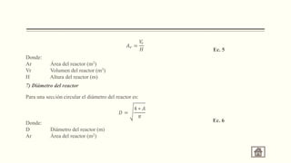 Donde:
Ar Área del reactor (m2)
Vr Volumen del reactor (m3)
H Altura del reactor (m)
7) Diámetro del reactor
Para una sección circular el diámetro del reactor es:
Donde:
D Diámetro del reactor (m)
Ar Área del reactor (m2)
𝐴𝑟 =
𝑉
𝑟
𝐻 Ec. 5
𝐷 =
4 ∗ 𝐴
𝜋
Ec. 6
 
