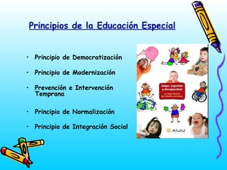 Principios de la Educación Especial
• Principio de Democratización
• Principio de Modernización
• Prevención e Intervención
Temprana
• Principio de Normalización
• Principio de Integración Social

 