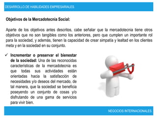DESARROLLO DE HABILIDADES EMPRESARIALES.


Objetivos de la Mercadotecnia Social:

Aparte de los objetivos antes descritos, cabe señalar que la mercadotecnia tiene otros
objetivos que no son tangibles como los anteriores, pero que cumplen un importante rol
para la sociedad, y además, tienen la capacidad de crear simpatía y lealtad en los clientes
meta y en la sociedad en su conjunto.

 Incrementar o preservar el bienestar
  de la sociedad: Una de las reconocidas
  características de la mercadotecnia es
  que todas sus actividades están
  orientadas hacia la satisfacción de
  necesidades y/o deseos del mercado, de
  tal manera, que la sociedad se beneficia
  poseyendo un conjunto de cosas y/o
  disfrutando de una gama de servicios
  para vivir bien.
                                                               NEGOCIOS INTERNACIONALES.
 